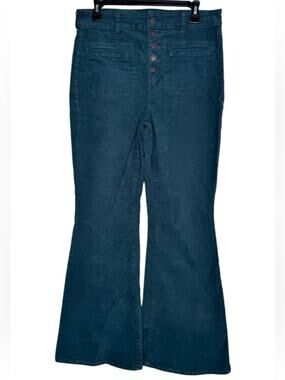 American Eagle Super High-Rise Flare Corduroy Pants Teal Green Button Fly Sz 10
